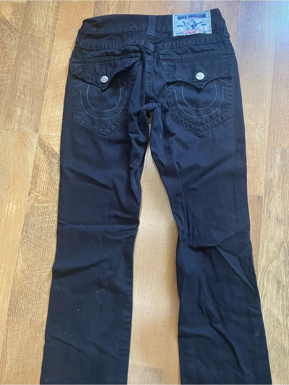 True Religion Black Jeans with White Label and Blue/Red Logo